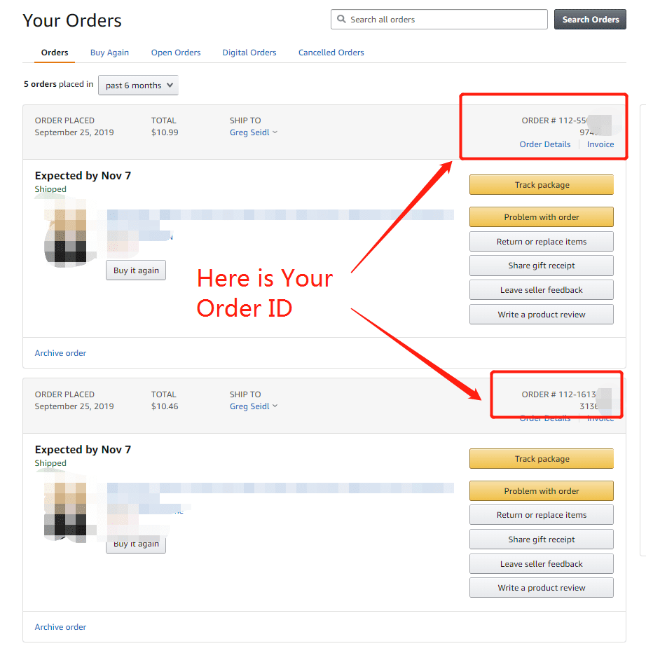 La page Amazon "Vos commandes", avec le numéro de commande mis en évidence sur chaque commande.