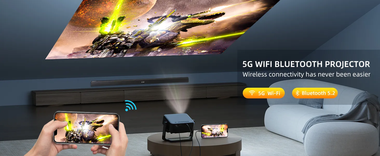 ONOAYO AY3 mirroring a phone game onto a wall over 5G Wi-Fi, with a Bluetooth sound bar below the screen