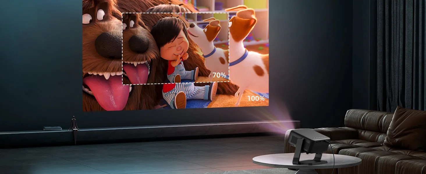 A projected animated film shown at 100% and shrunk to 70% of its size on the same living-room wall
