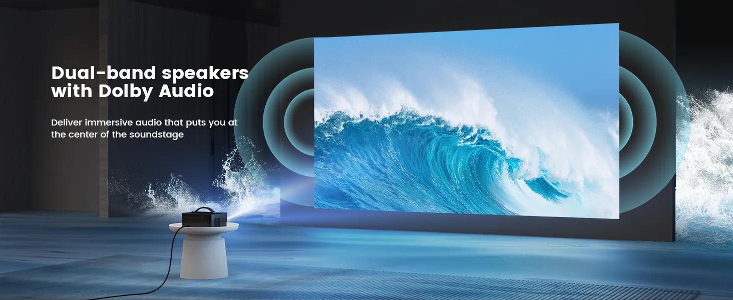 ONOAYO ONO3Pro projecting an ocean wave on a large screen with sound rings radiating from both sides