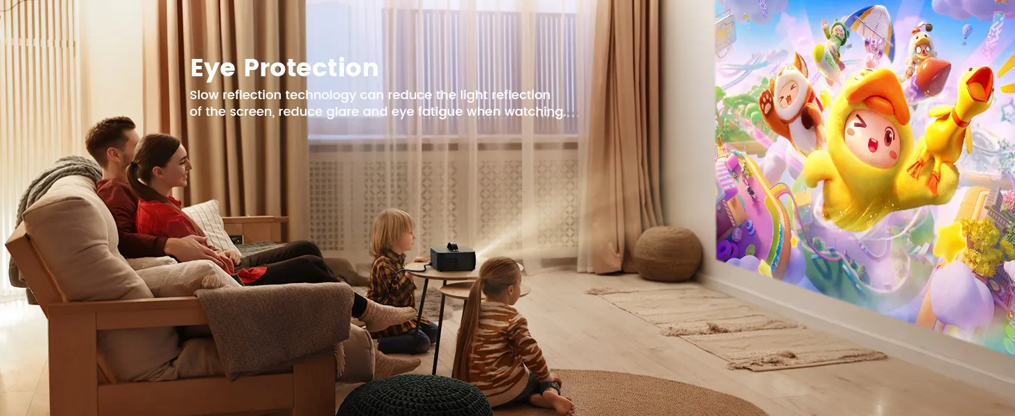 Family watching an animated film projected on a living-room wall by the ONOAYO ONO3Pro
