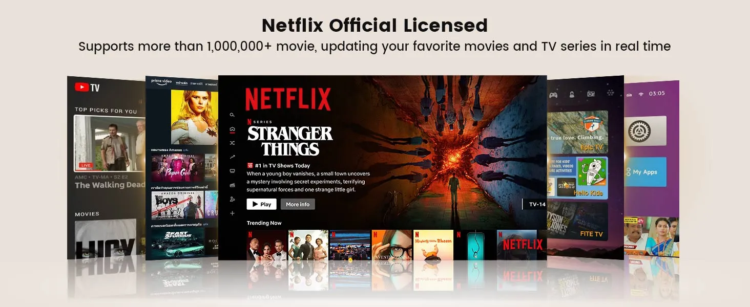 ONOAYO ONO3Pro home screen showing Netflix, Prime Video, YouTube and other streaming apps side by side