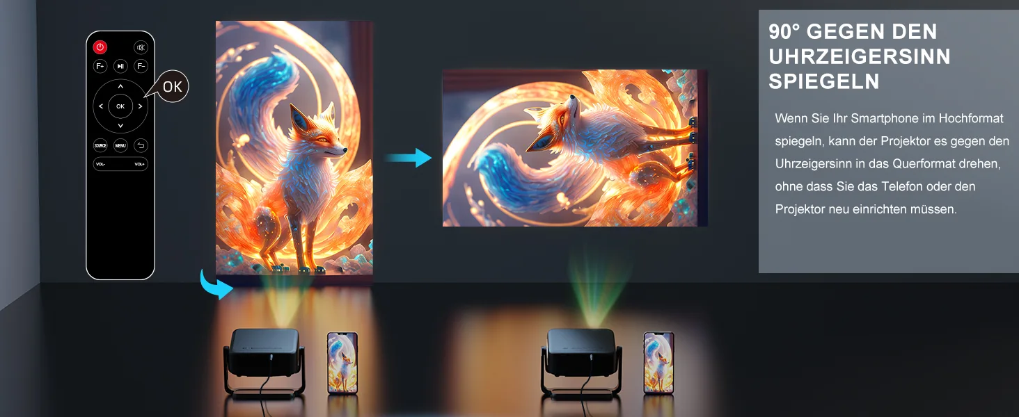 Gedrehtes Projektionsbild beim Spiegeln des Smartphone-Bildschirms