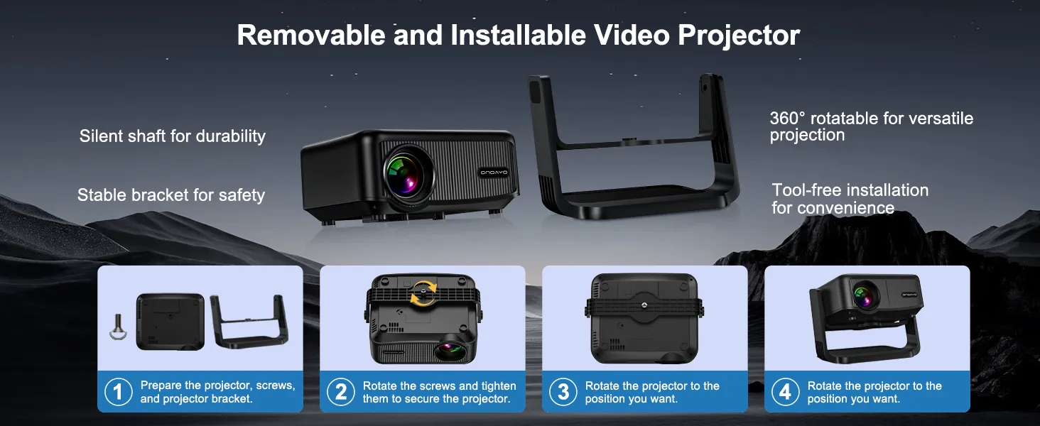 The AY3 projector and stand separated, with four illustrated steps for installing and rotating the projector
