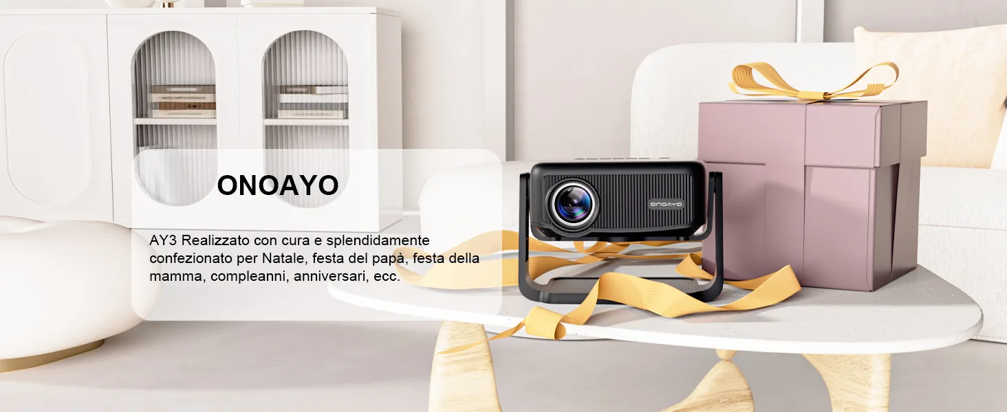 ONOAYO AY3 accanto a un pacco regalo su un mobile