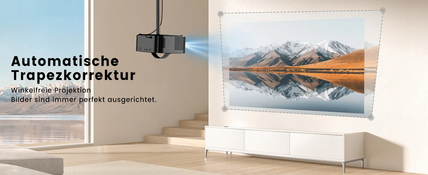 ONO3 Pro projiziert von der Seite ein exakt ausgerichtetes Bild an die Wand