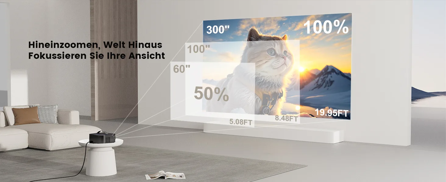Projektionsgrößen des ONO3 Pro von 60 bis 300 Zoll