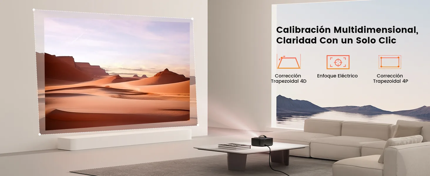 ONO3 Pro proyectando una imagen enderezada automáticamente en el salón