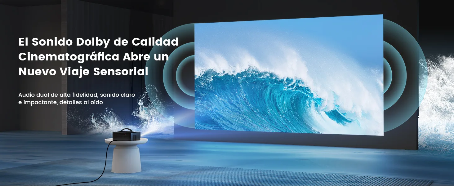 Ola marina proyectada en grande, rodeada de ondas sonoras