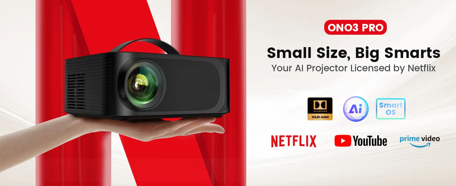 A hand holding the compact ONOAYO ONO3Pro beside its Netflix, YouTube and Prime Video badges