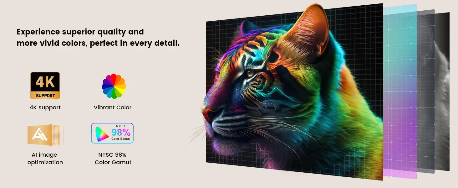A vivid multicoloured cat image illustrating 4K input support, AI image optimisation and wide colour gamut