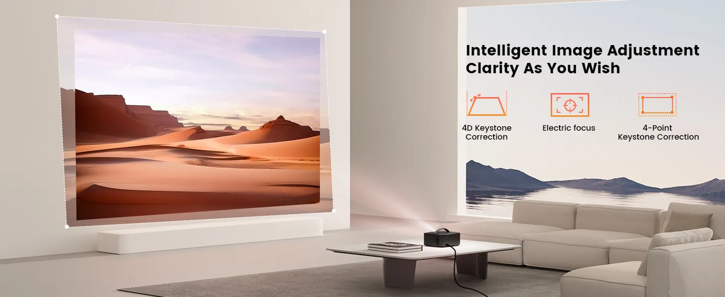 ONO3Pro projecting a desert scene while diagrams show keystone correction, electric focus and four-point correction
