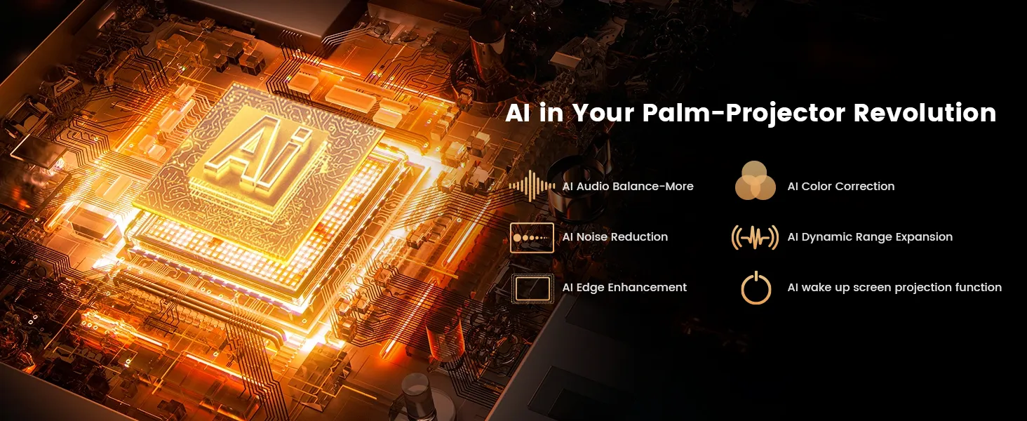 An AI processor graphic listing audio balance, noise reduction, edge enhancement and colour correction