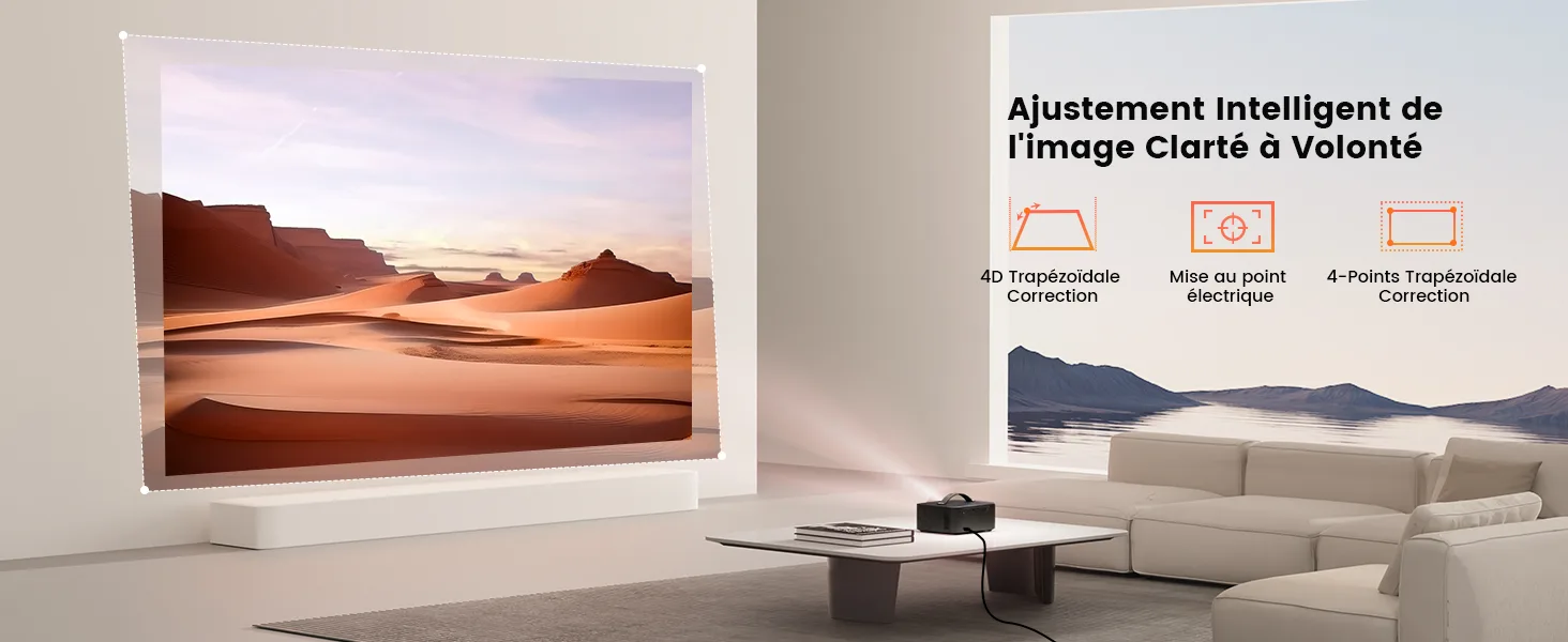 ONO3 Pro projetant une image redressée automatiquement sur le mur du salon