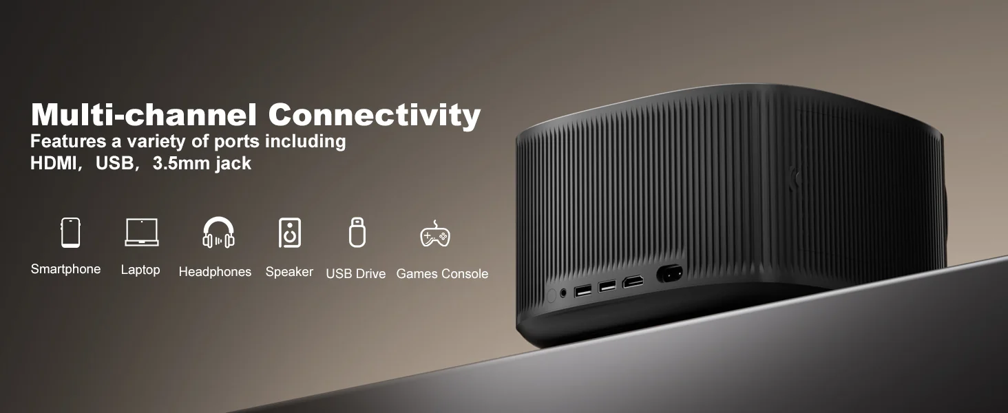 Close-up of the ONO5Pro rear panel showing its HDMI, USB and 3.5 mm connections