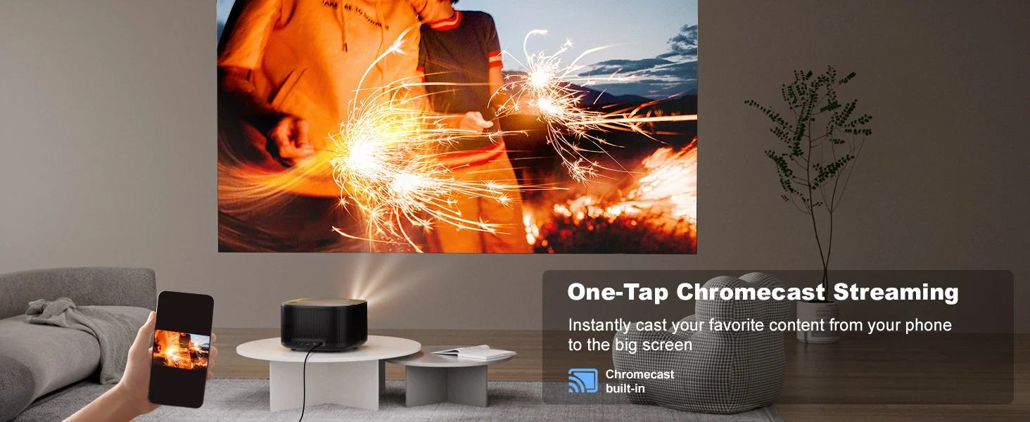 A phone casting to the ONO5Pro, which fills the wall with a sparkler scene