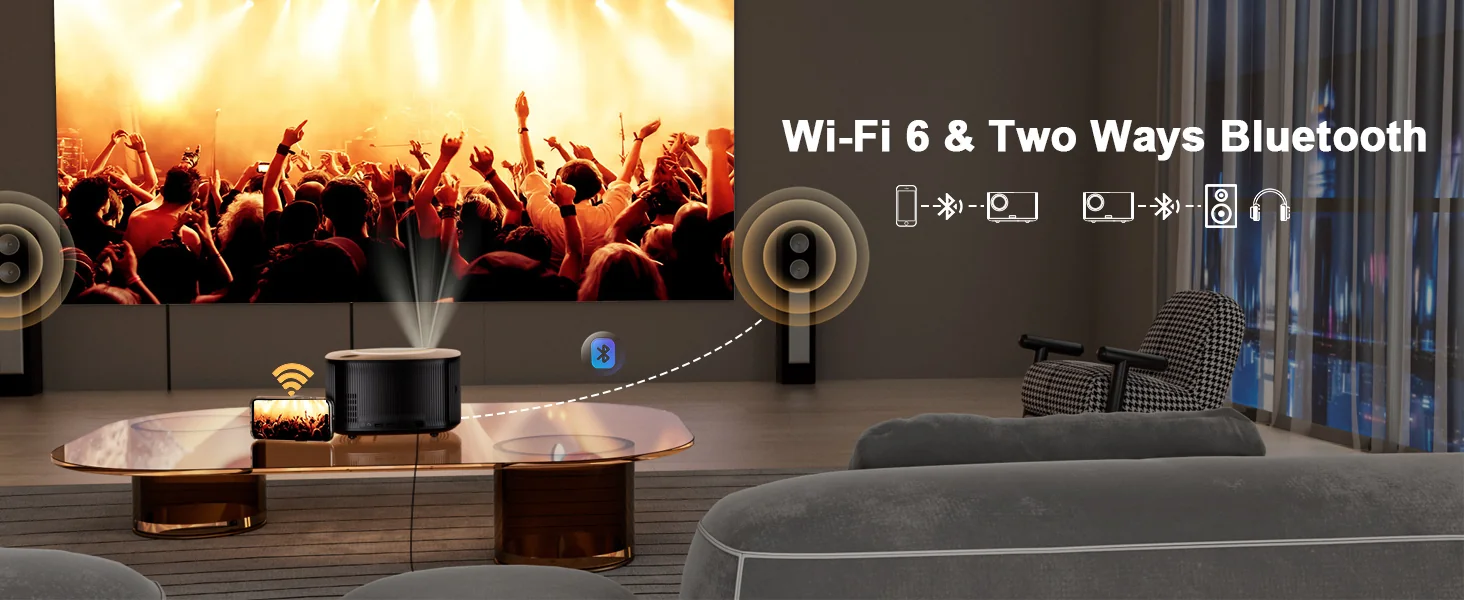 ONO5Pro on a coffee table streaming a concert, with Wi-Fi 6 and two-way Bluetooth callouts