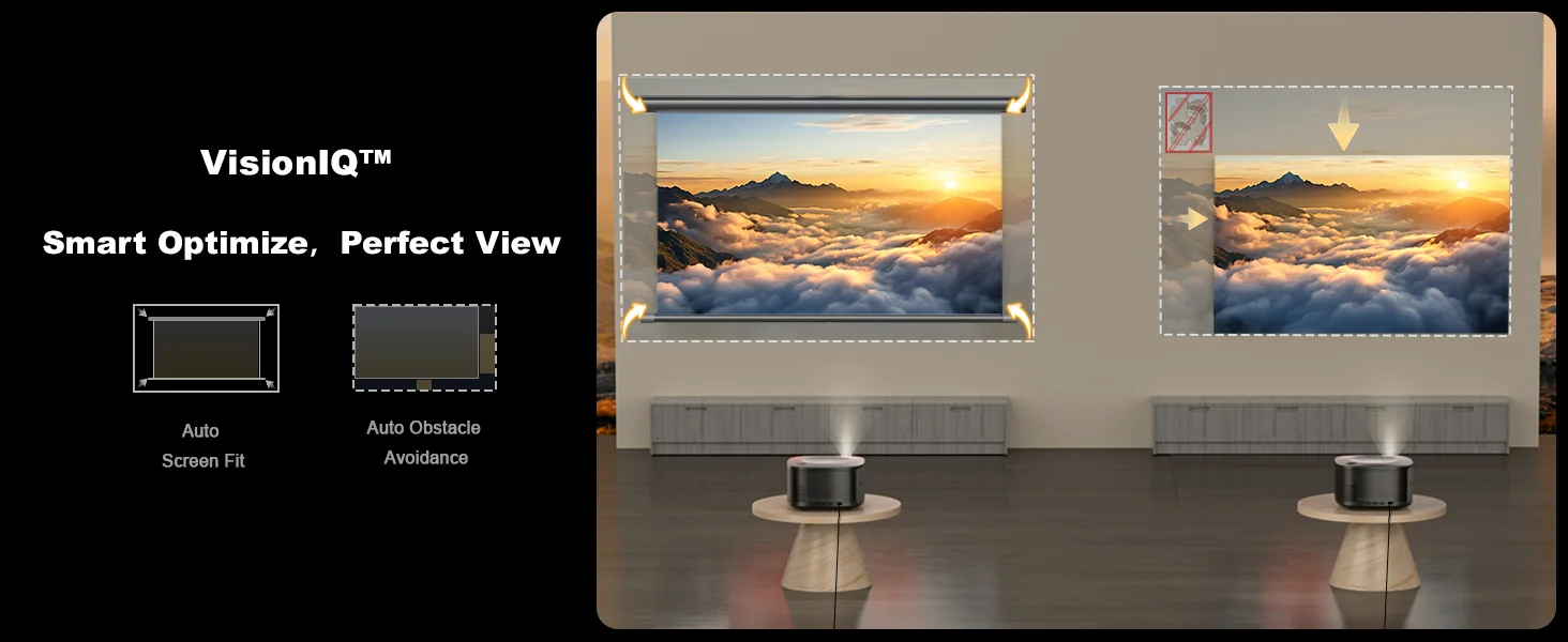 Two ONO5Pro units demonstrating automatic screen fit and obstacle avoidance on a screen