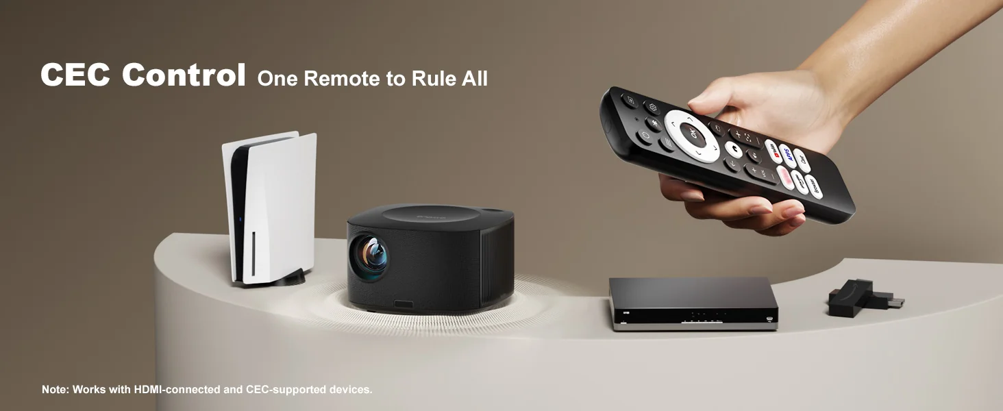 A hand holding the ONO5Pro remote beside the projector, a games console and a set-top box