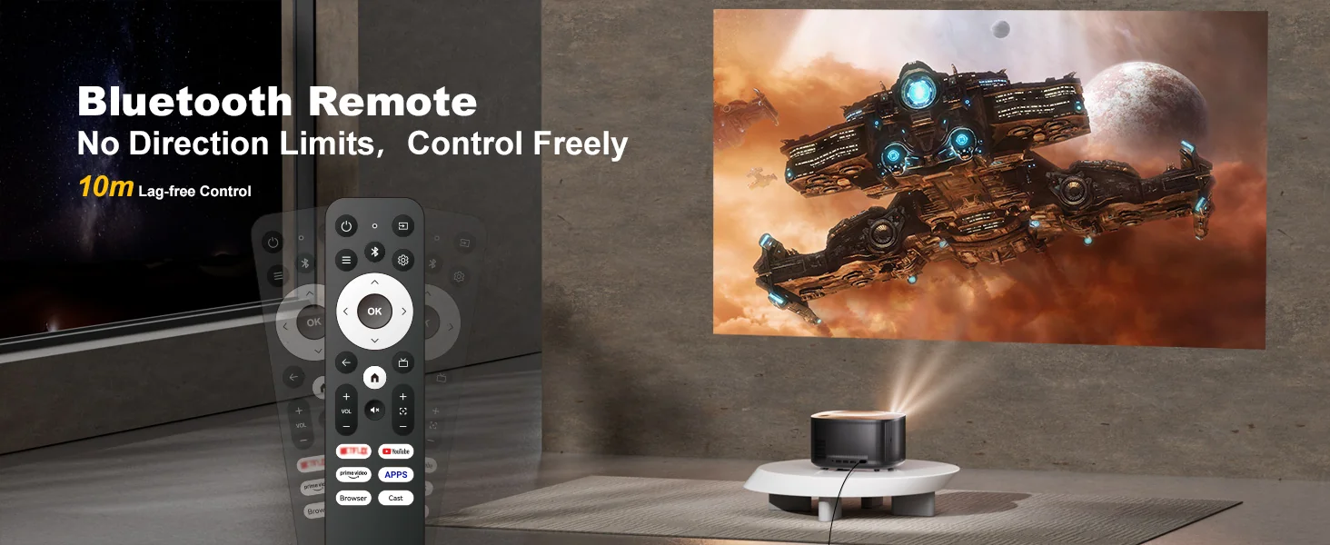 The ONO5Pro Bluetooth remote held in front of the projector, which is casting a space scene