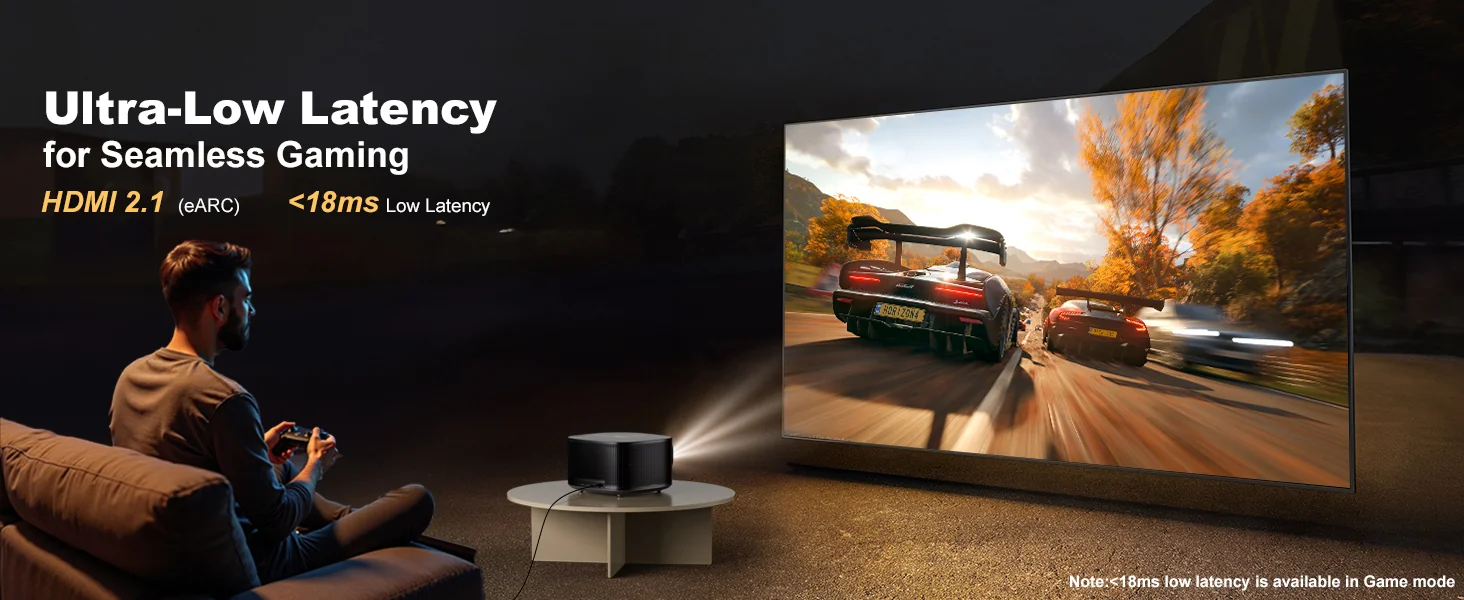 A man playing a racing game on the large picture thrown by the ONO5Pro