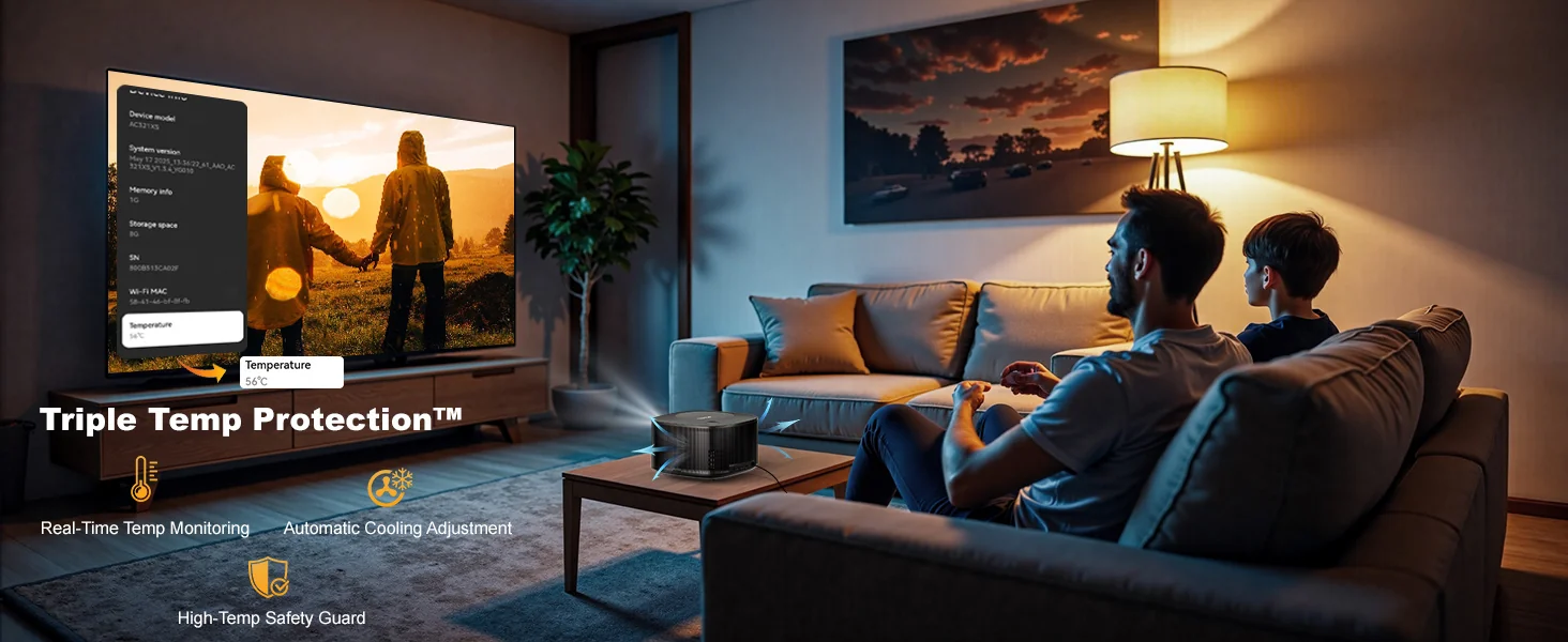 A family watching the ONO5Pro in a living room, with an on-screen device temperature readout