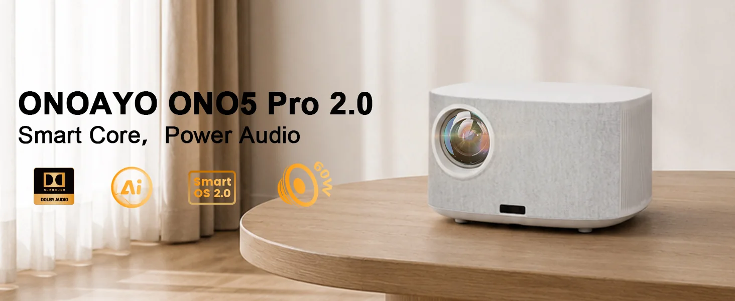 The white ONOAYO ONO5Pro-W on a wooden table, with Dolby Audio, AI, Smart OS 2.0 and 60W callouts