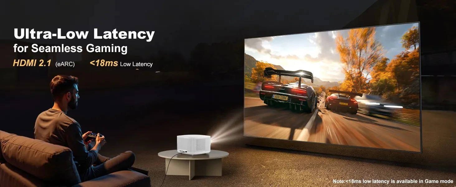 A man playing a racing game on the large picture thrown by the ONO5Pro-W
