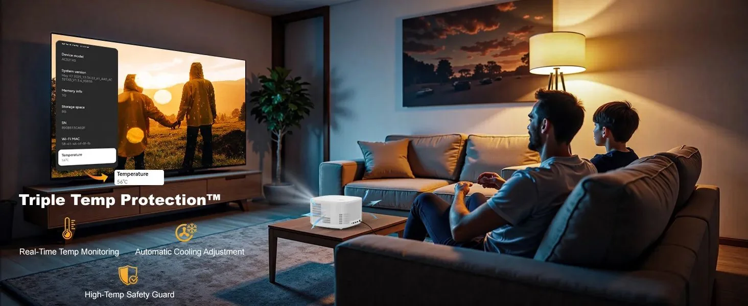 A family watching the ONO5Pro-W in a living room, with an on-screen device temperature readout
