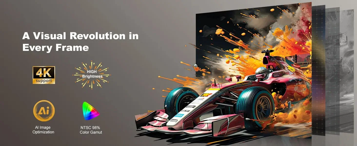 ONO5Pro-W throwing a vivid racing-car image, labelled 4K support and NTSC 98% colour gamut