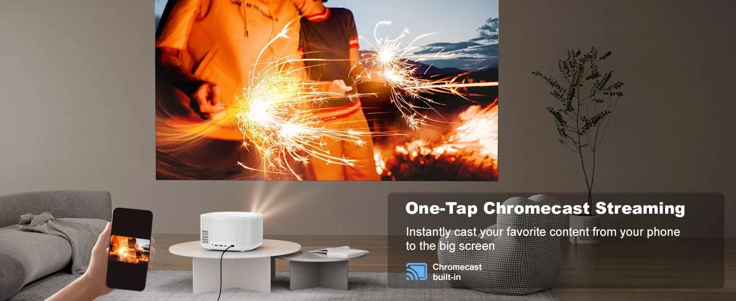 A phone casting to the ONO5Pro-W, which fills the wall with a sparkler scene