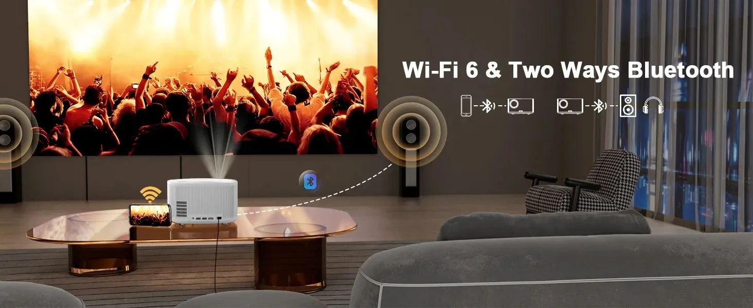 ONO5Pro-W on a coffee table streaming a concert, with Wi-Fi 6 and two-way Bluetooth callouts