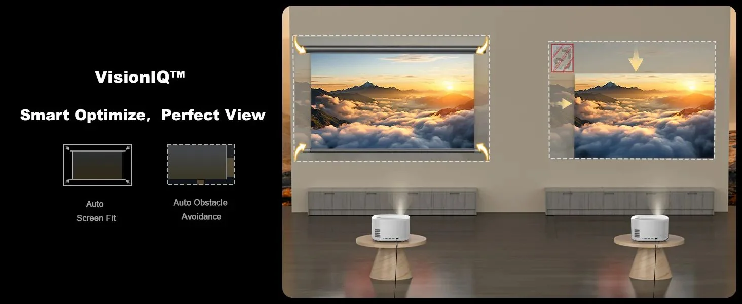 Two ONO5Pro-W units demonstrating automatic screen fit and obstacle avoidance on a screen