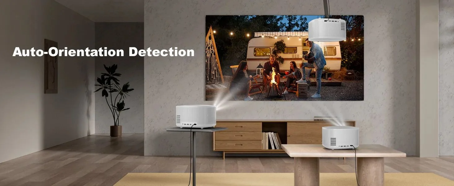ONO5Pro-W standing on a table, on a stand and hung from the ceiling, each projecting the right way up