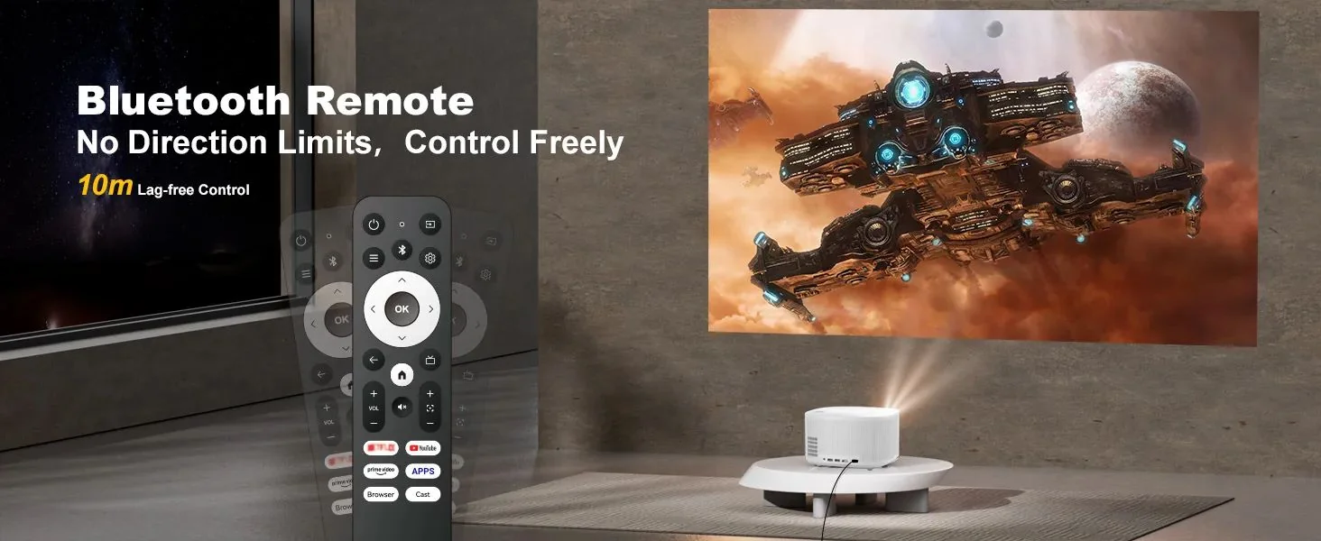 The ONO5Pro-W Bluetooth remote held in front of the projector, which is casting a space scene